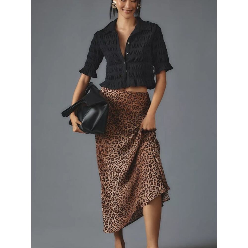 Maeve Black Smocked Button Front Crop Top Textured Blouse Small Minimalist